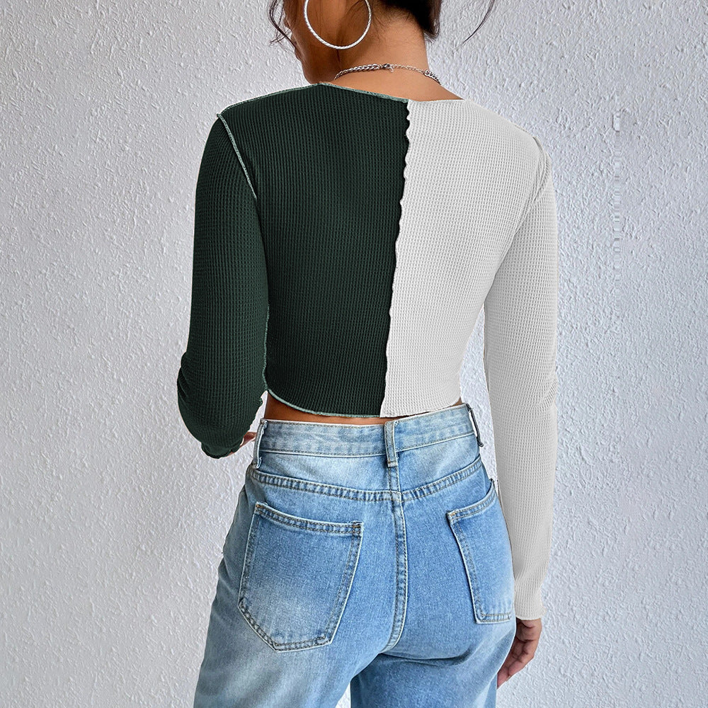 Chemise femme à manches longues cropped avec deux couleurs et design en rib tendance Chic & Stil