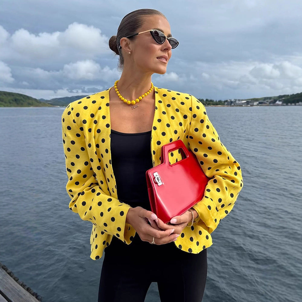 Women’s short blazer in vintage dot pattern, boxy cut & lightweight linen mix Amarae