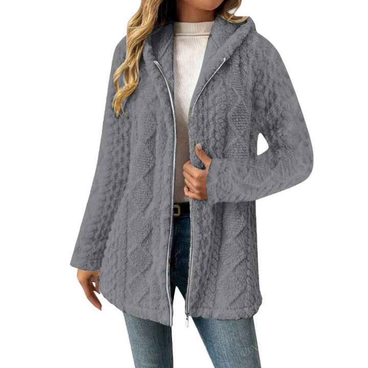 Women's Hooded Sherpa Jacket with Cable Pattern, Medium Length and Two-Way Zipper Amarae