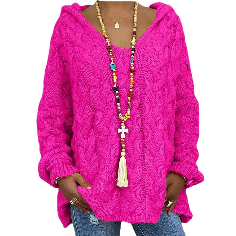 Ladies hoodie in chunky knit with V-neck and decorative cord Lune London