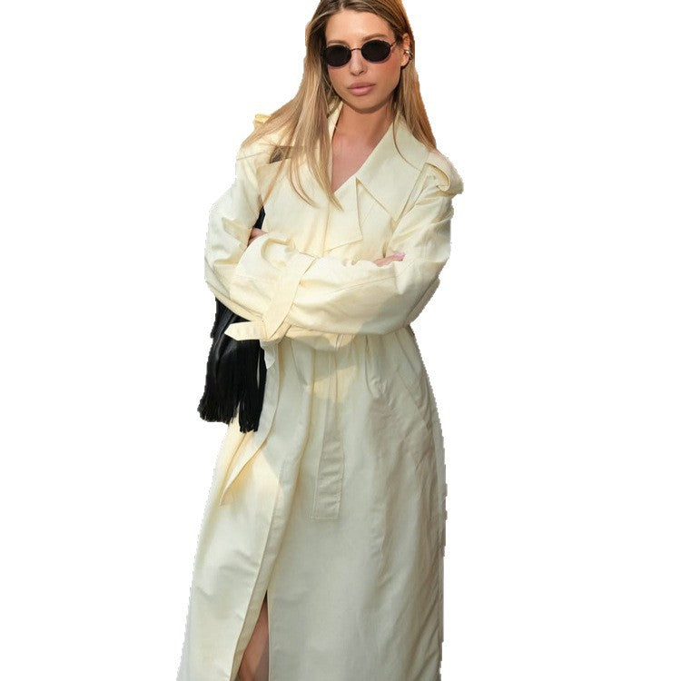 Women's Lightweight Long Trench Coat with Oversized Silhouette, Wide Shawl Collar and Extended Sleeves Amarae