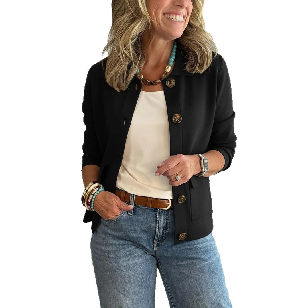 Women's short knitted cardigan with shirt collar, patch pockets, and horn buttons Amarae