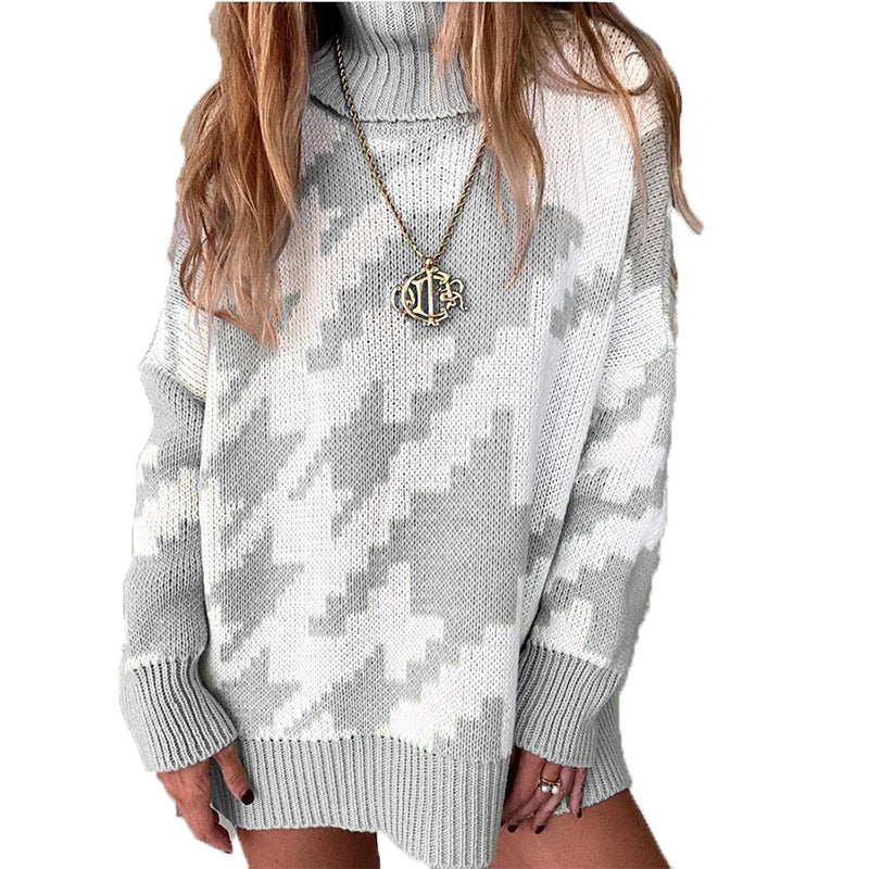 Thick knit sweater for women with a high collar and modern geometric pattern Lune London