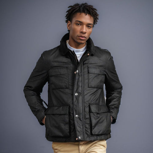 Elegant utility jacket for men with several practical pockets and faux fur collar Amarae