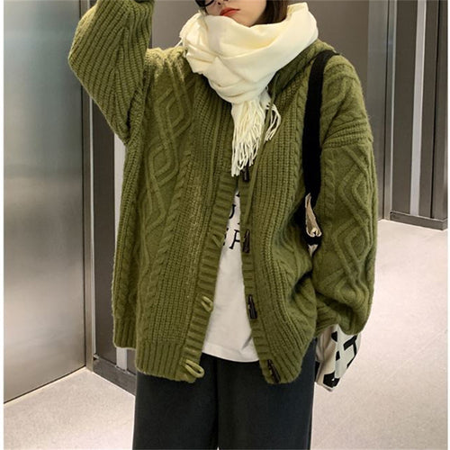 Ladies comfortable wool cardigan with hood and cable knit pattern Amarae