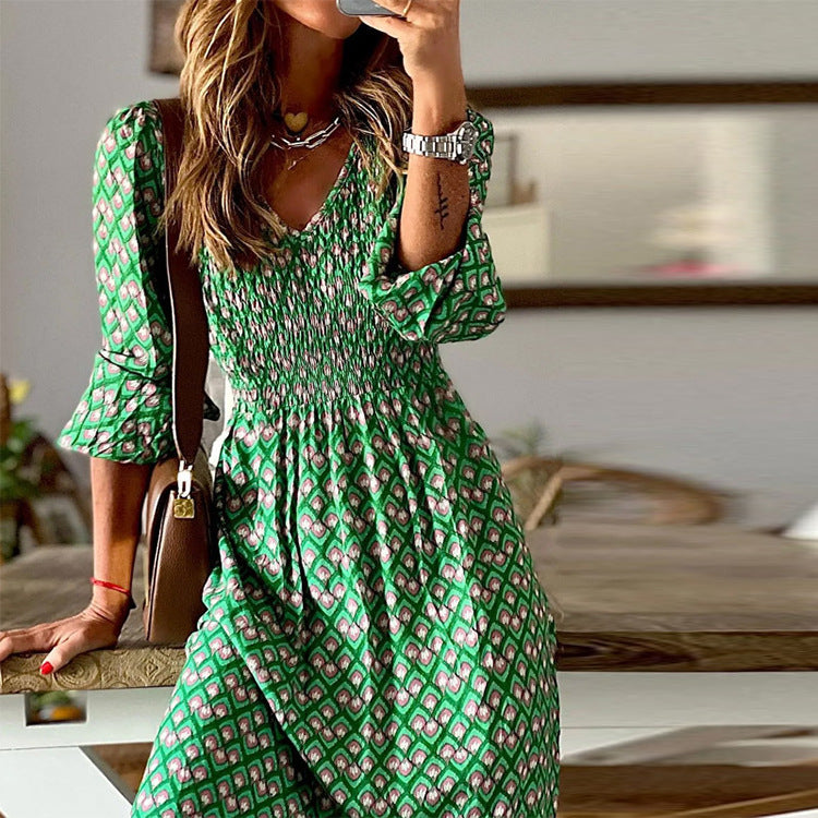 Maxi dress for women with voluminous sleeves and an elastic drawstring at the waist Lune London