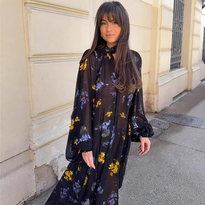 Women's Chiffon Maxi Dress with Stand Collar, Keyhole Neckline & Voluminous Balloon Sleeves Amarae