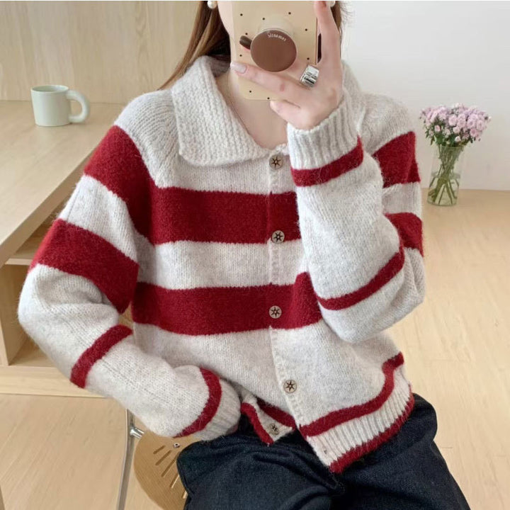 Knitted jacket for women with decorative collar and trendy stripes Lune London