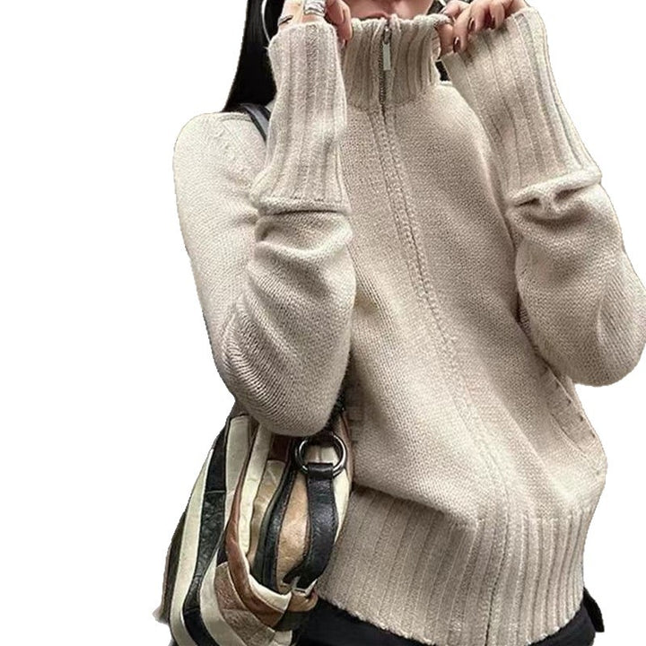 Knit sweater for women with high turtle neck and ribbed structure Lune London