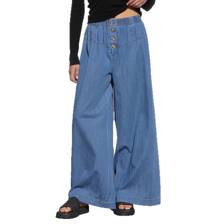 Ladies wide denim hotpants with elastic waistband and button details Lune London