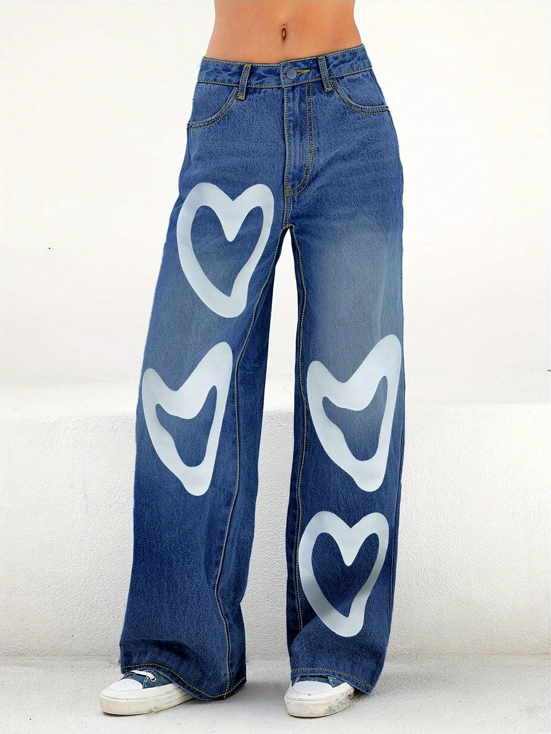 Ladies High-Waist Wide-Leg Jeans with large heart print Amarae