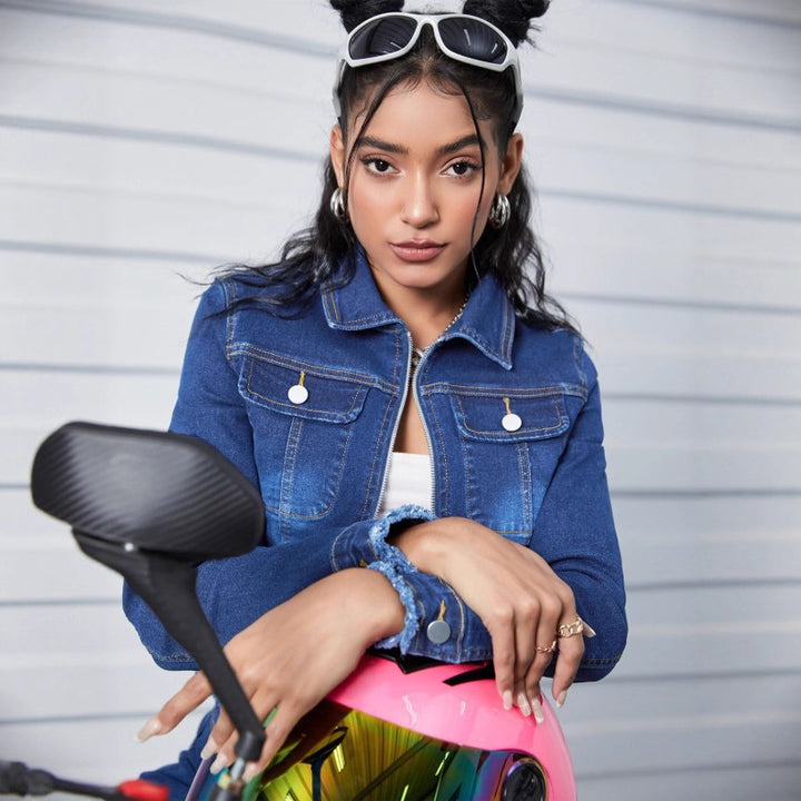 Women Short Waist-Length Denim Jacket with Zip and Frayed Hem Amarae