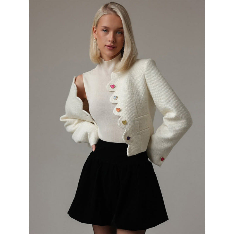 Women's Bouclé Cropped Blazer with Sculptural Shoulder and Wavy Button Placket Amarae