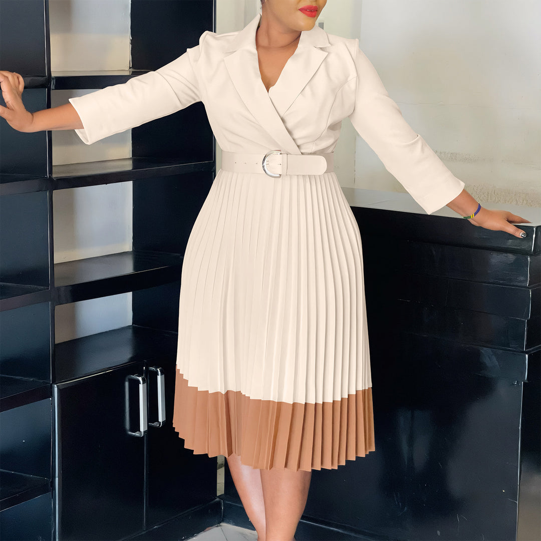 Elegant pleated dress for women with fitted blazer top and belt Lune London