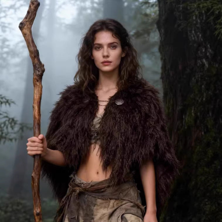 Women's short cape made of dense faux fur with decorative chain closure and zigzag hem Amarae