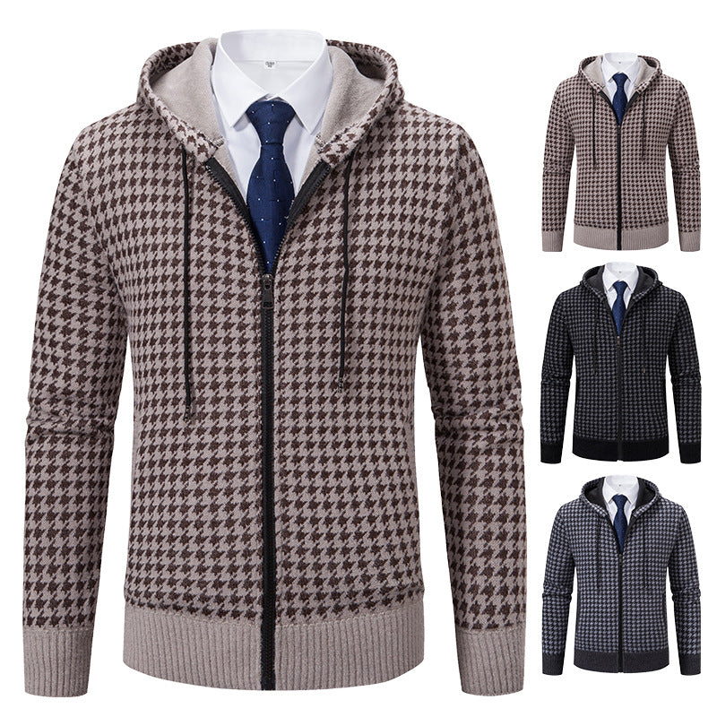 Comfortable knitted sweater for men with a modern check pattern and hood Lune London