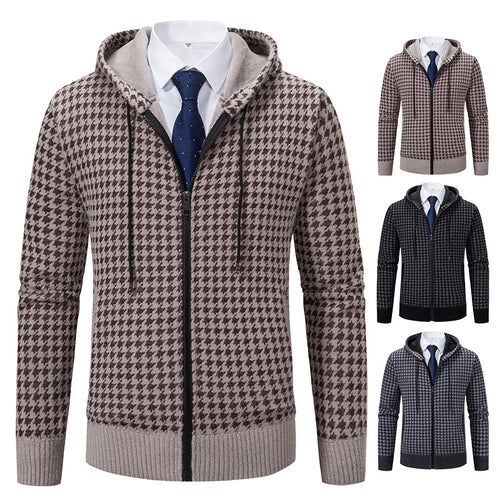 Comfortable knitted sweater for men with a modern check pattern and hood Amarae