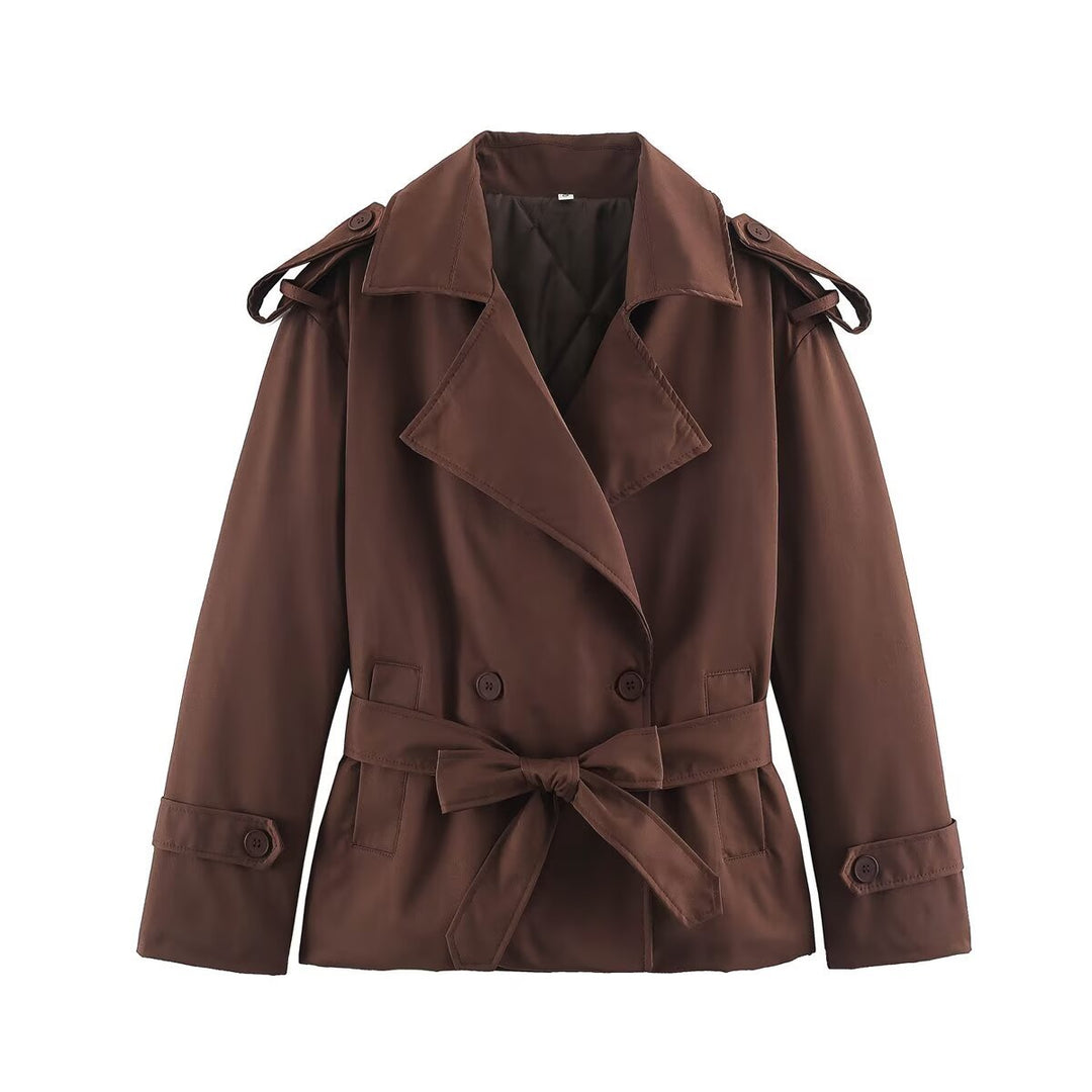 Women's Tailored Short Trench Coat with Tie Belt and Shoulder Patches Amarae