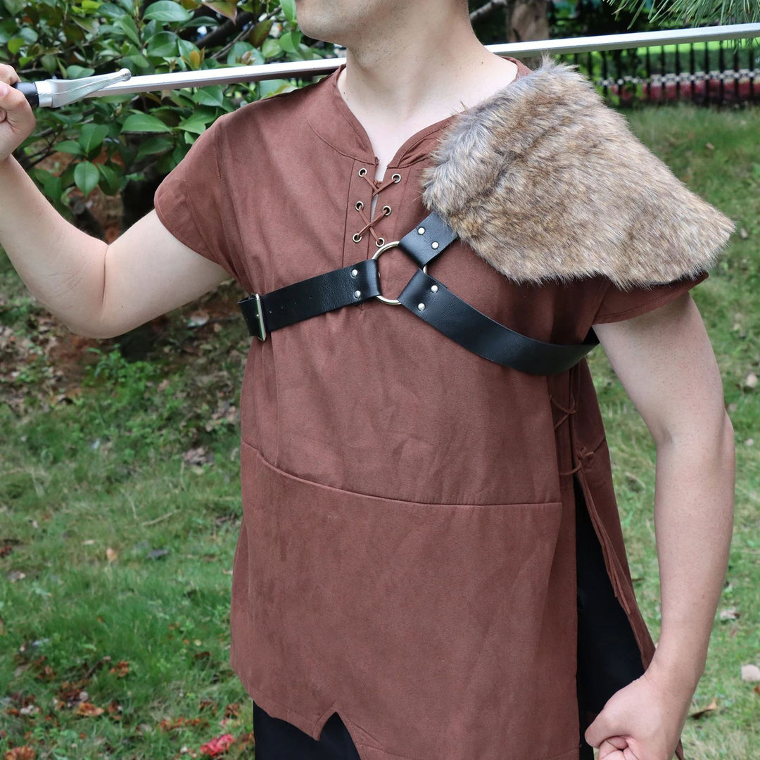 Men's asymmetrical shoulder harness with faux fur shoulder cape and adjustable leather straps Amarae