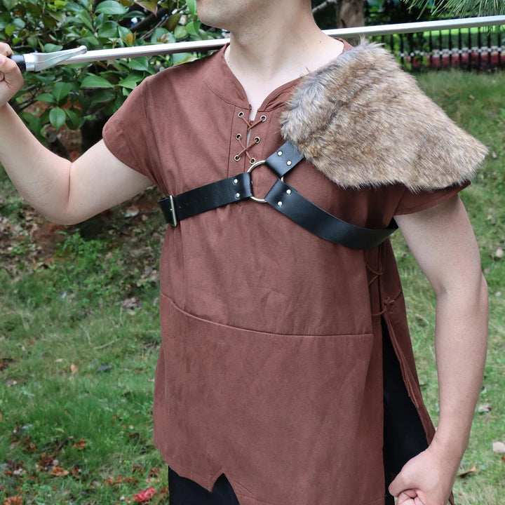Men's asymmetrical shoulder harness with faux fur shoulder cape and adjustable leather straps Amarae