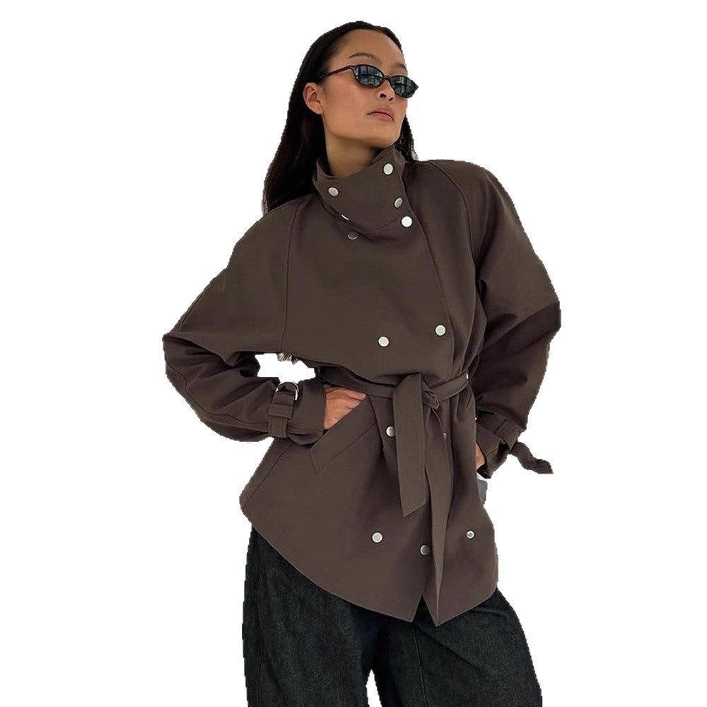 Women's Tailorable Oversized Short Trench Coat with High Stand Collar, Snap Button Front and Belt Amarae