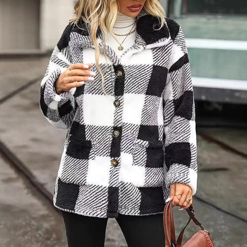 Women Cozy Fleece Jacket with Individual Plaid Pattern Amarae
