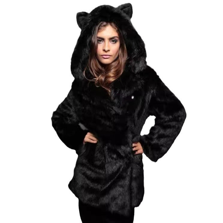 Women's Short Hooded Jacket made of vegan high-pile synthetic fur with cat ears and tailored silhouette Amarae