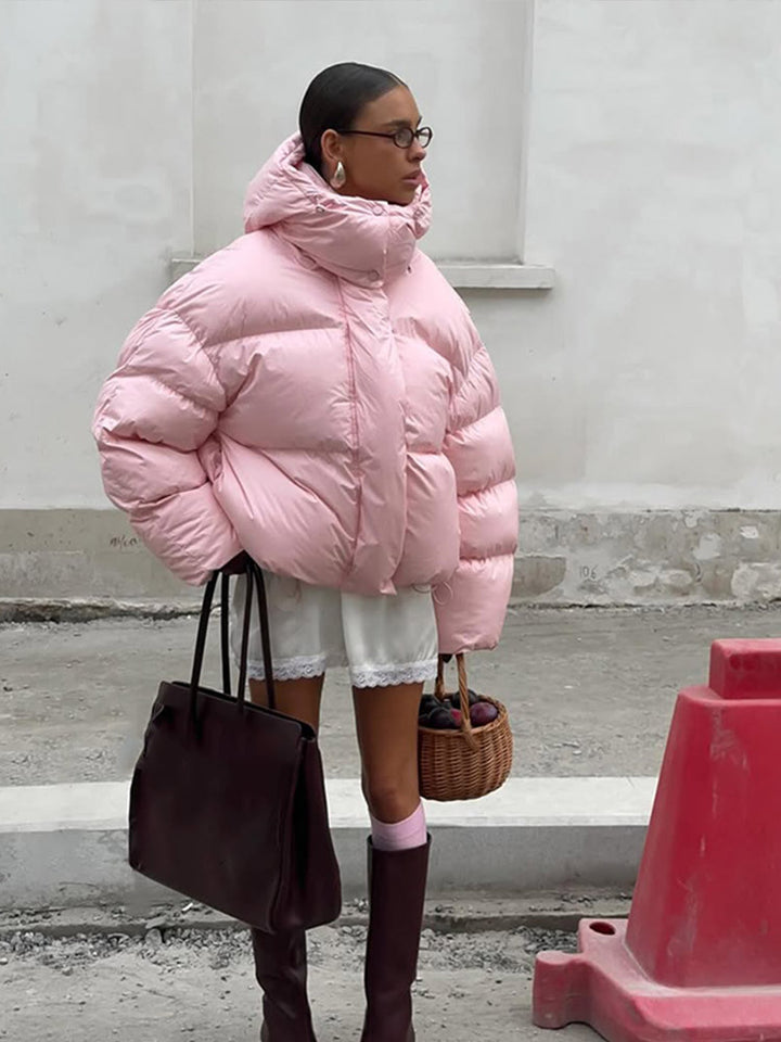 Women's short oversized quilted down jacket with hood and high stand-up collar Amarae