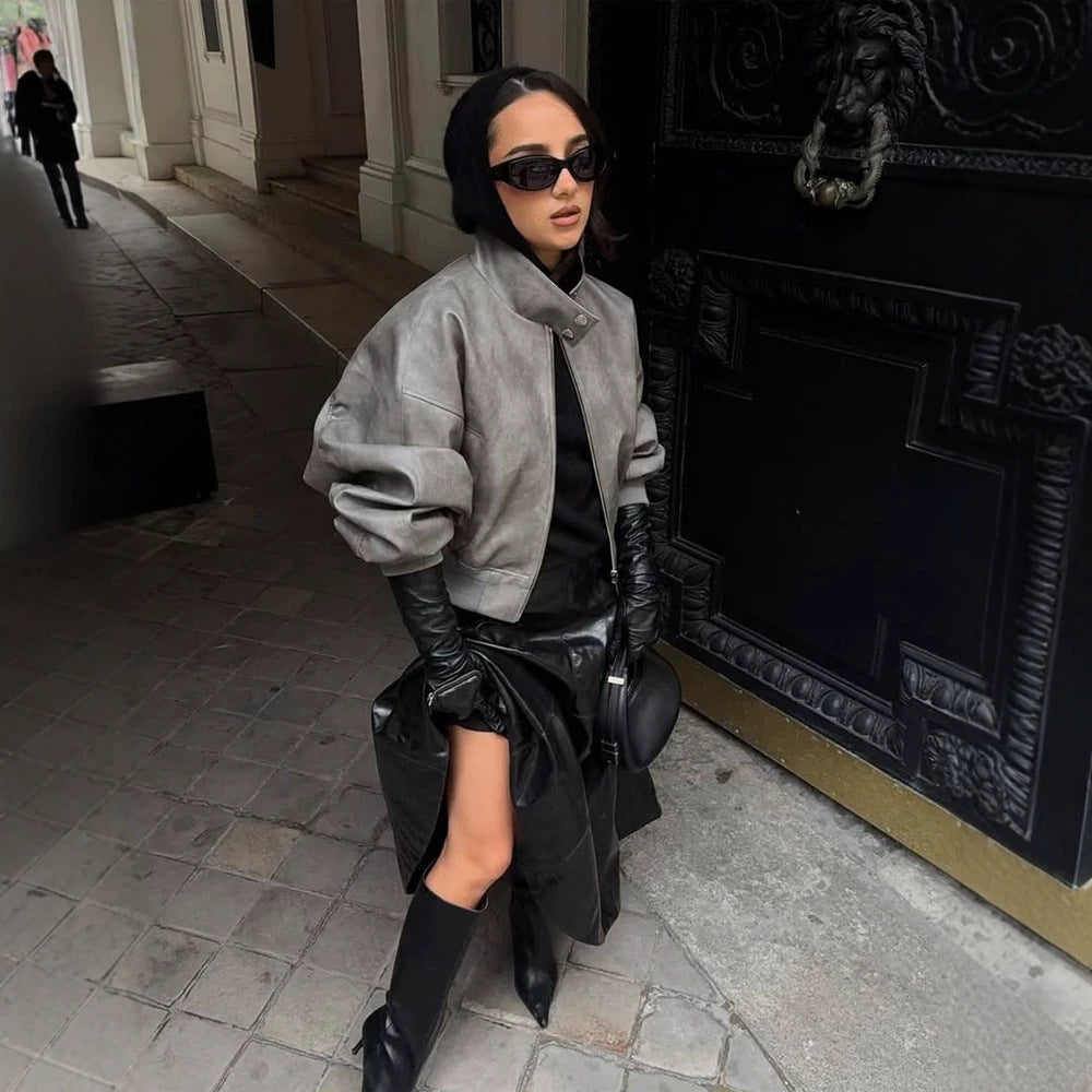 Women Short Oversized Faux Leather Bomber with High Stand-Up Collar and Snap Button Details Amarae