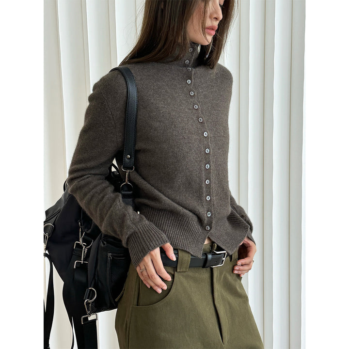 Women's Fluffy Button Cardigan with High Stand-Up Collar and Ribbed Hem Amarae