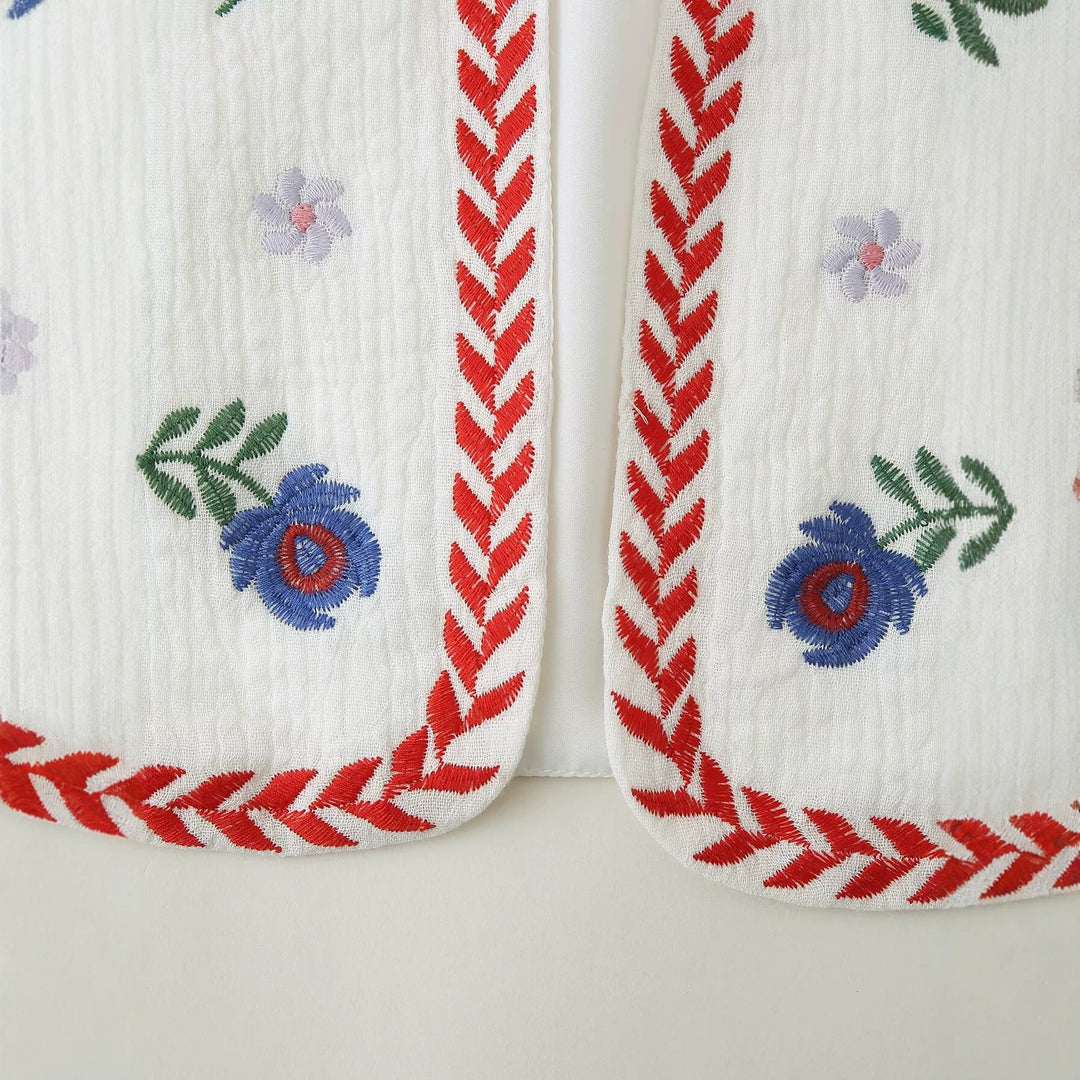 Women's Embroidered Cotton Vest in Boho Style with V-Neck and Decorative Trim Amarae