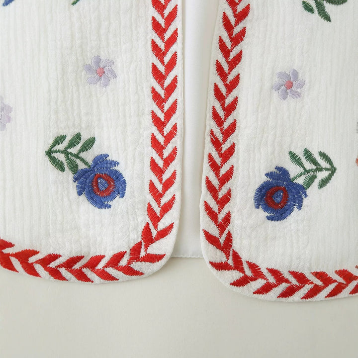 Women's Embroidered Cotton Vest in Boho Style with V-Neck and Decorative Trim Amarae