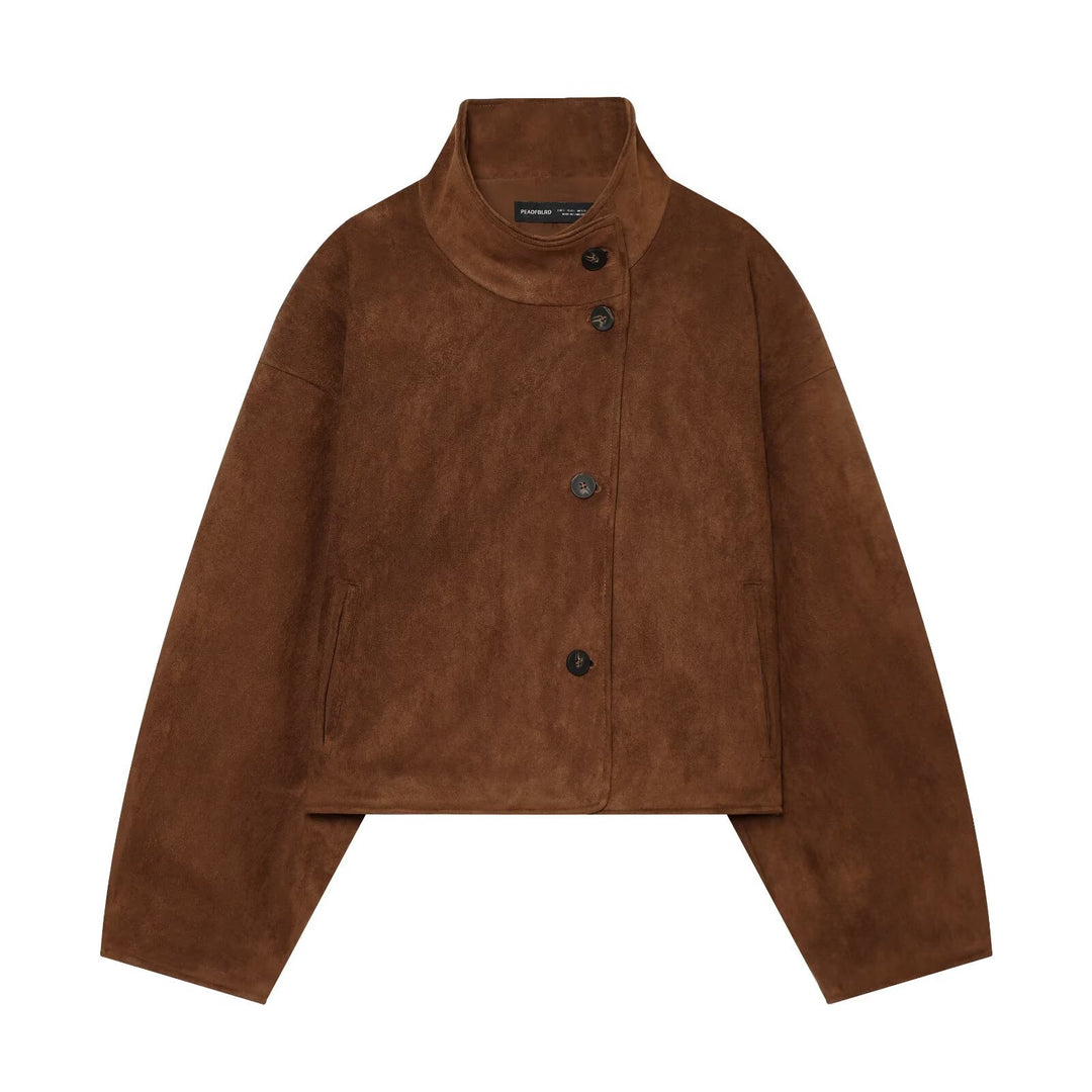 Women's Boxy Short Jacket in Suede Look with High Stand-up Collar Amarae