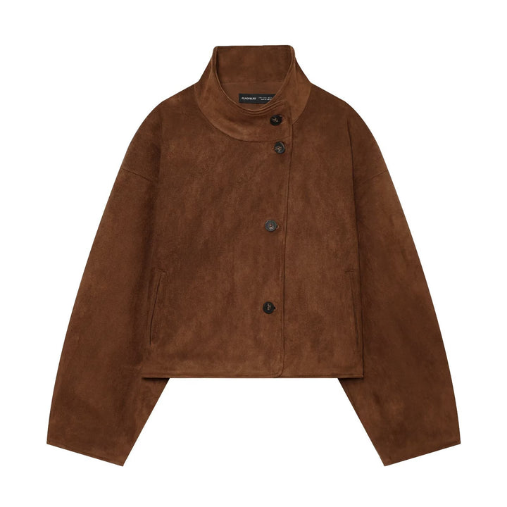Women's Boxy Short Jacket in Suede Look with High Stand-up Collar Amarae