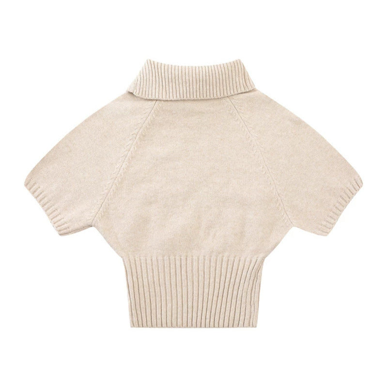 Women's Short-Sleeved Cable Knit Sweater Top with Stand Collar and Button Placket Amarae
