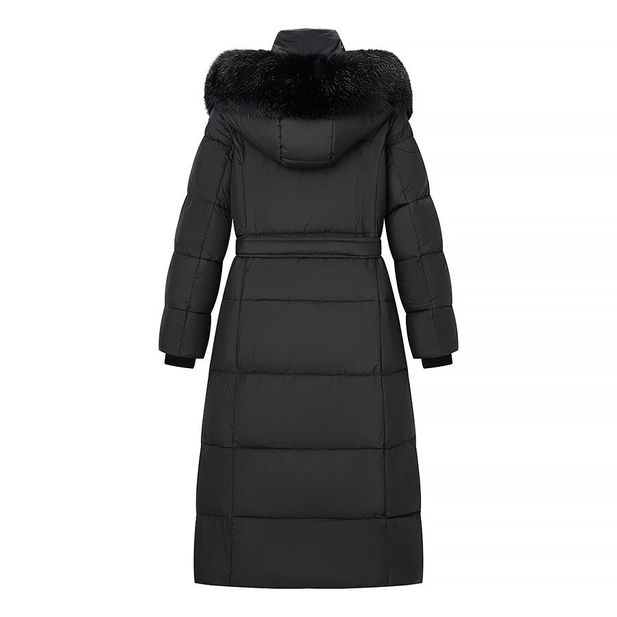 Women's Longer Quilted Down Coat with Hood, Faux Fur Trim and Waist Belt Amarae