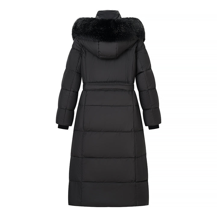 Women's Longer Quilted Down Coat with Hood, Faux Fur Trim and Waist Belt Amarae