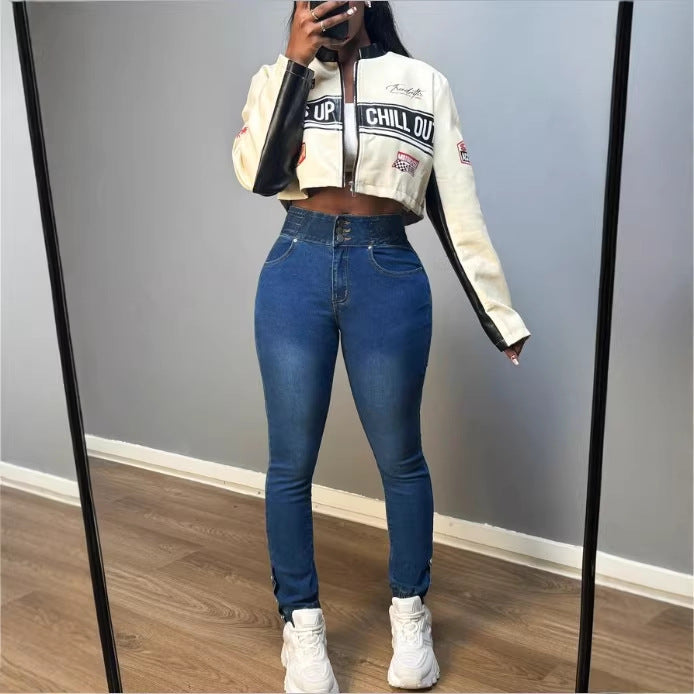 Women high-waisted shaping skinny jeans with double waistband closure and adjustable ankle drawstring Amarae