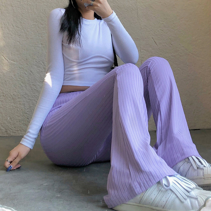 Stretch flared pants for women with vertical striped pattern Lune London