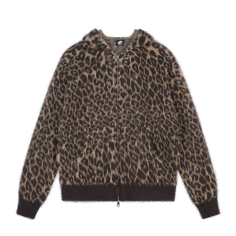 Women's Cozy Cardigan with Zipper and Leopard Jacquard Amarae
