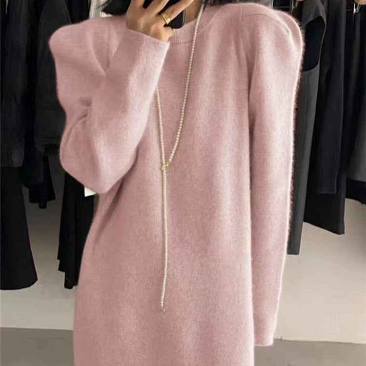 Elegant knitted dress for women with puff sleeves and a round neckline Lune London