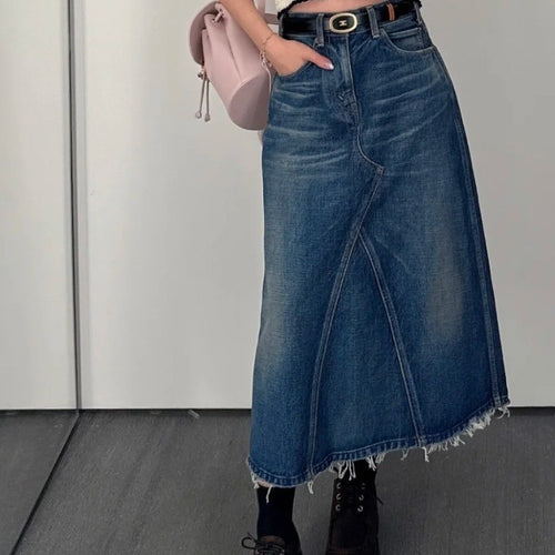 Women's maxi skirt in a casual denim style with asymmetrical hem and fringes Amarae