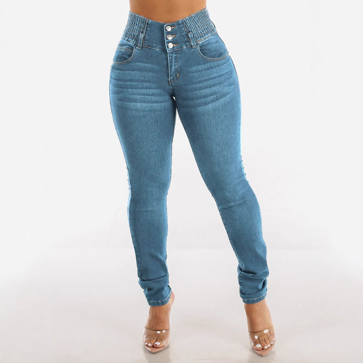 Women High-Waisted Jeans with Elastic Waistband and Button Details Lune London