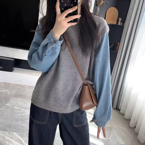 Pull en tricot pour femmes avec manches en denim Chic & Stil