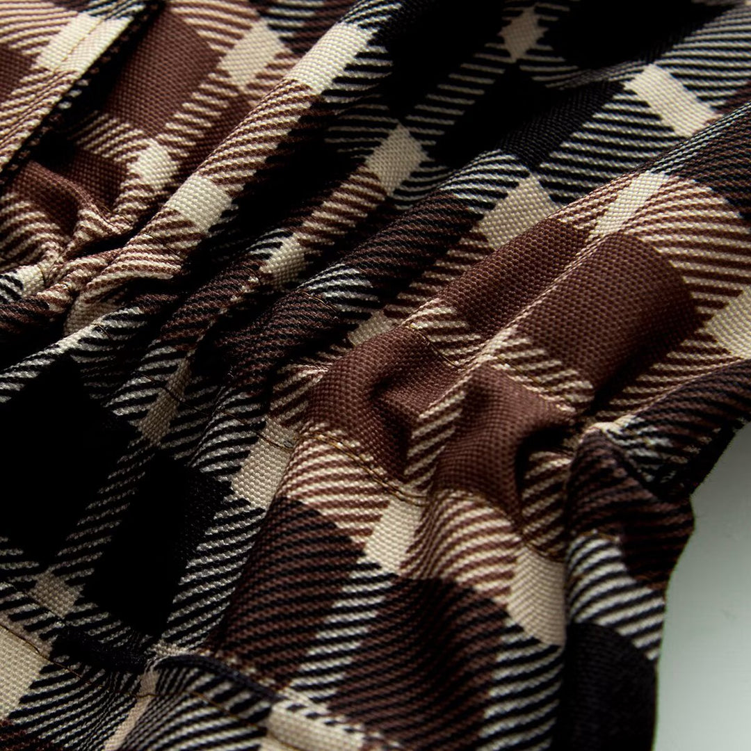 Women Checked Jacket with Faux Leather Collar, Drawstring Waist and Flap Pockets Amarae
