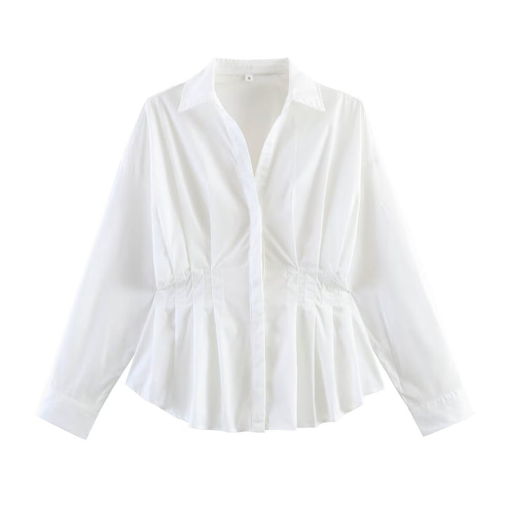Ladies' blouse with tailored gathered insert and pleated peplum