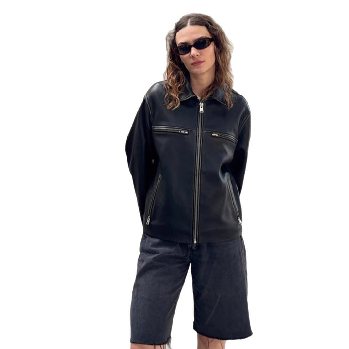 Women Boxy Faux Leather Jacket with Double Zipper and Chest Zippers Amarae
