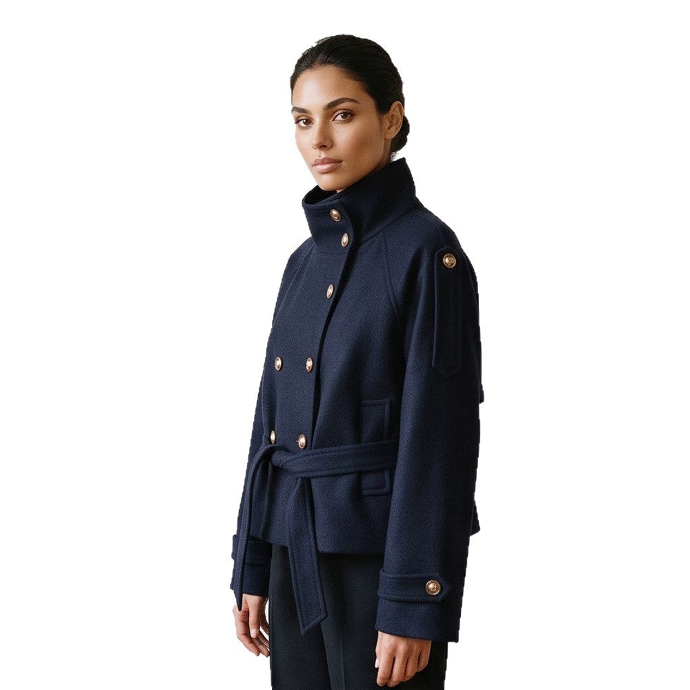 Women Short Double-Breasted Coat with Stand Collar and Tied Belt Amarae