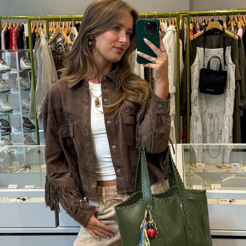 Jacket en daim tendance pour femmes avec franges Chic & Stil