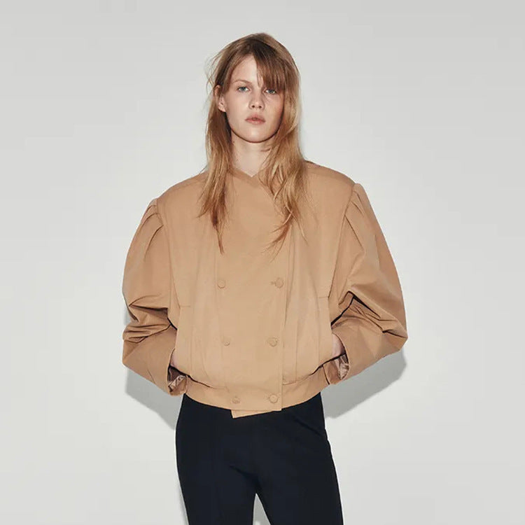 Women's short jacket in a boxy cropped cut with double button placket and structured shoulder pleats Amarae